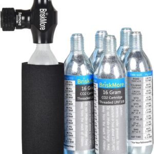 BriskMore CO2 Inflator Kit with 5 x 16g CO2 Cartridges for Bicycle Tyres, Presta and Schrader Valve Compatible, Bicycle Tyre Pump for Mountain and Road Bikes, Includes Insulation Sleeve