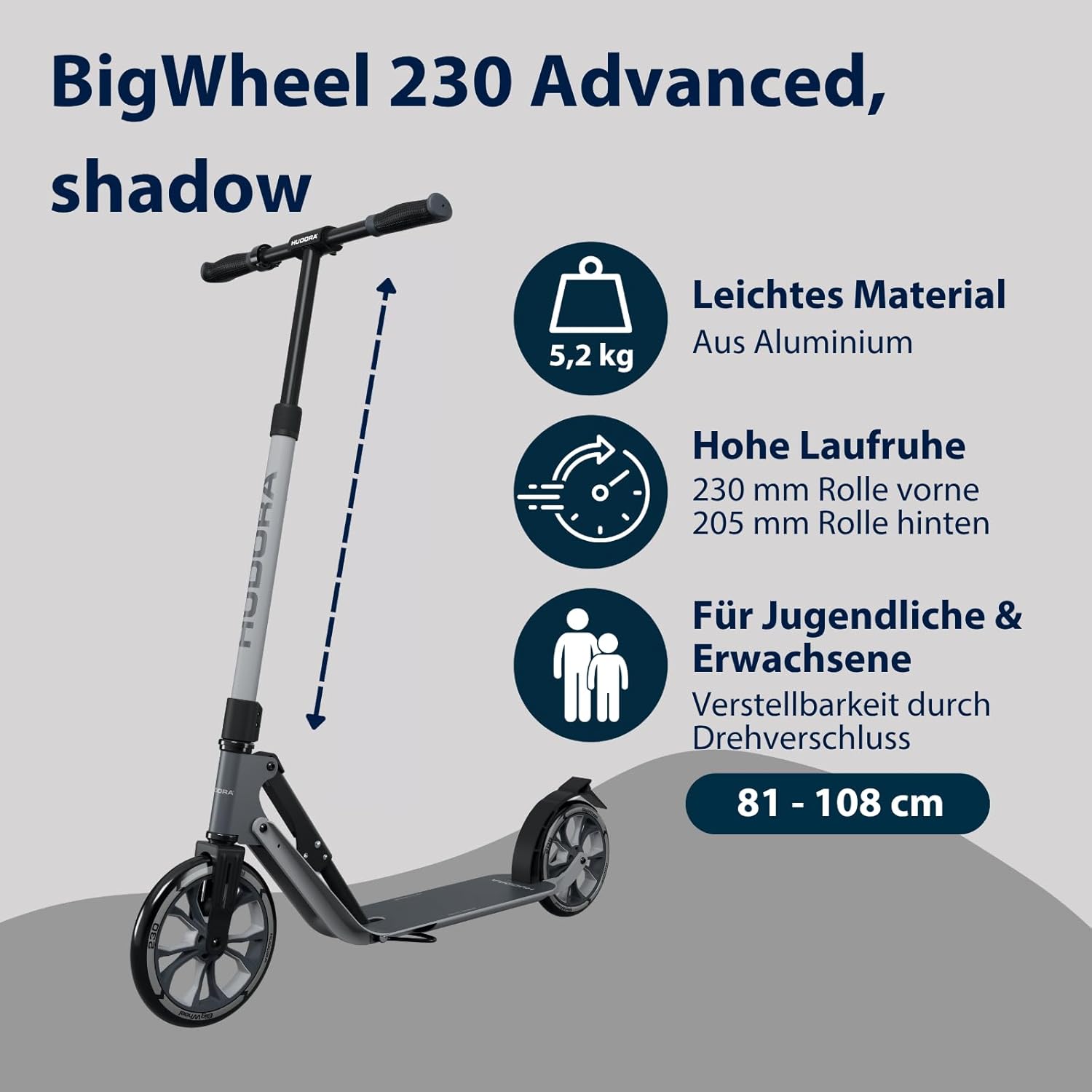 HUDORA BigWheel 230 Advanced Scooter - Sturdy Aluminium Scooter for up to 120 kg - Quiet & Foldable City Scooter with Stand & Bell - Kick Scooter for Children/Teenagers & Adults – Bild 2