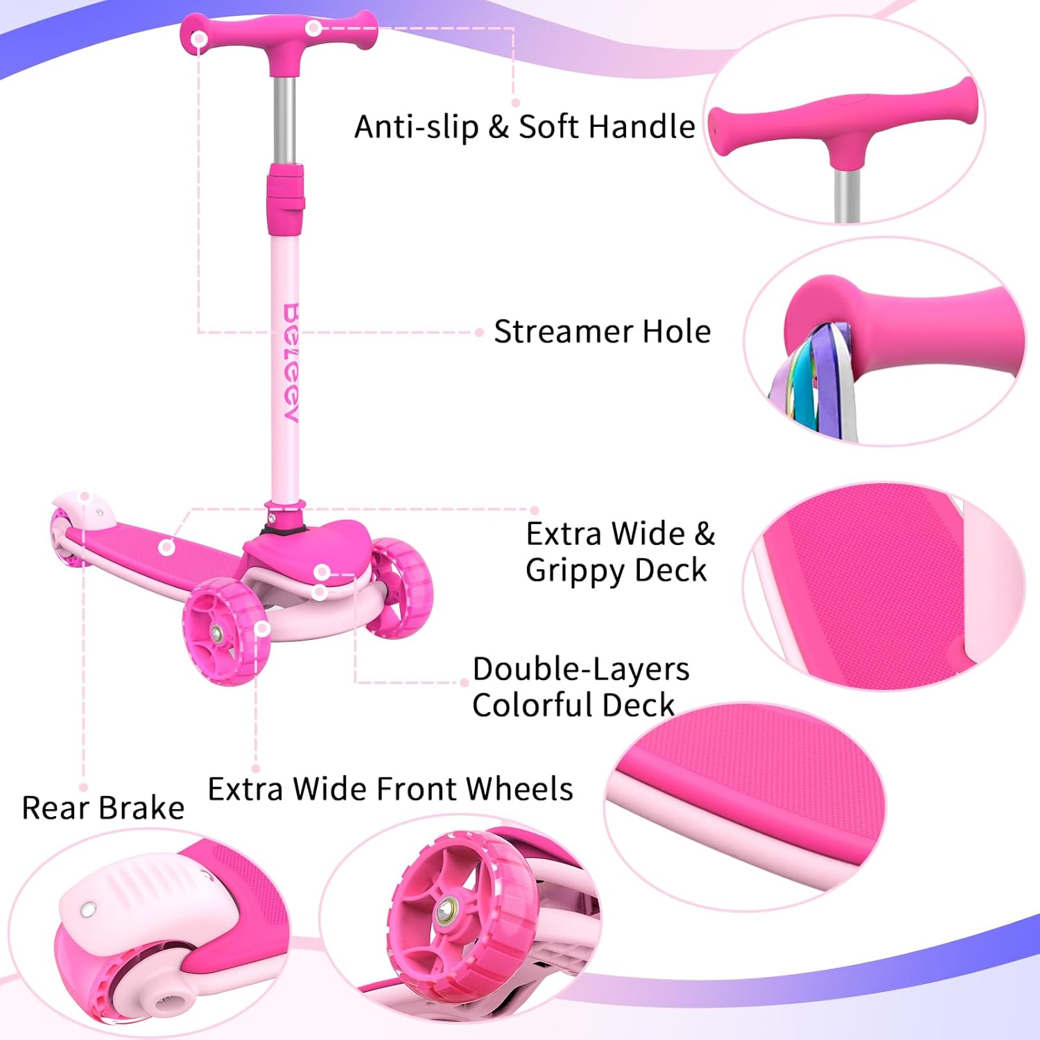 BELEEV A8 Scooter Children 6 Years, Foldable Premium Tricycle Scooter with LED Light Wheels, 4 Height Adjustable, Extra Wide & Non-Slip Platform, 3 Wheels Scooter for Girls Boys 3-12 Years – Bild 6