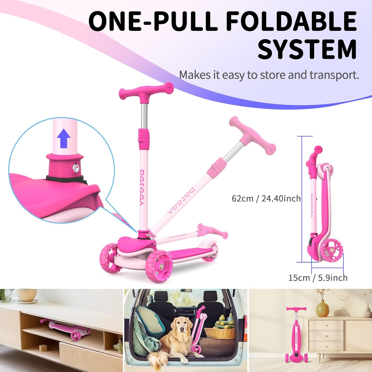 BELEEV A8 Scooter Children 6 Years, Foldable Premium Tricycle Scooter with LED Light Wheels, 4 Height Adjustable, Extra Wide & Non-Slip Platform, 3 Wheels Scooter for Girls Boys 3-12 Years – Bild 3