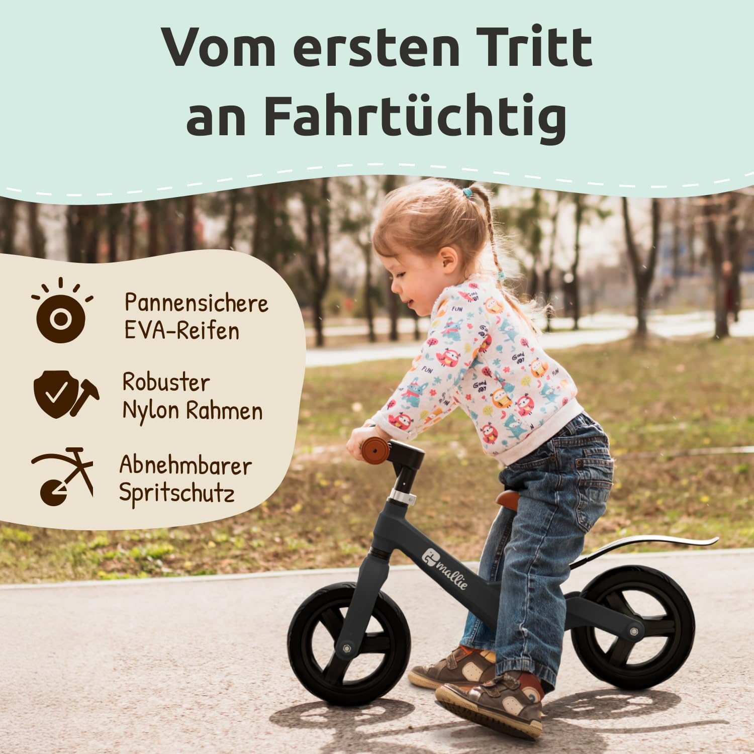Mallie Safe Children's Balance Bike from 2 Years, Includes Bell and Splash Guard, Adjustable Handlebar and Seat, Balance Bike, for Children from 3 Years, 4 Years, Christmas – Bild 2