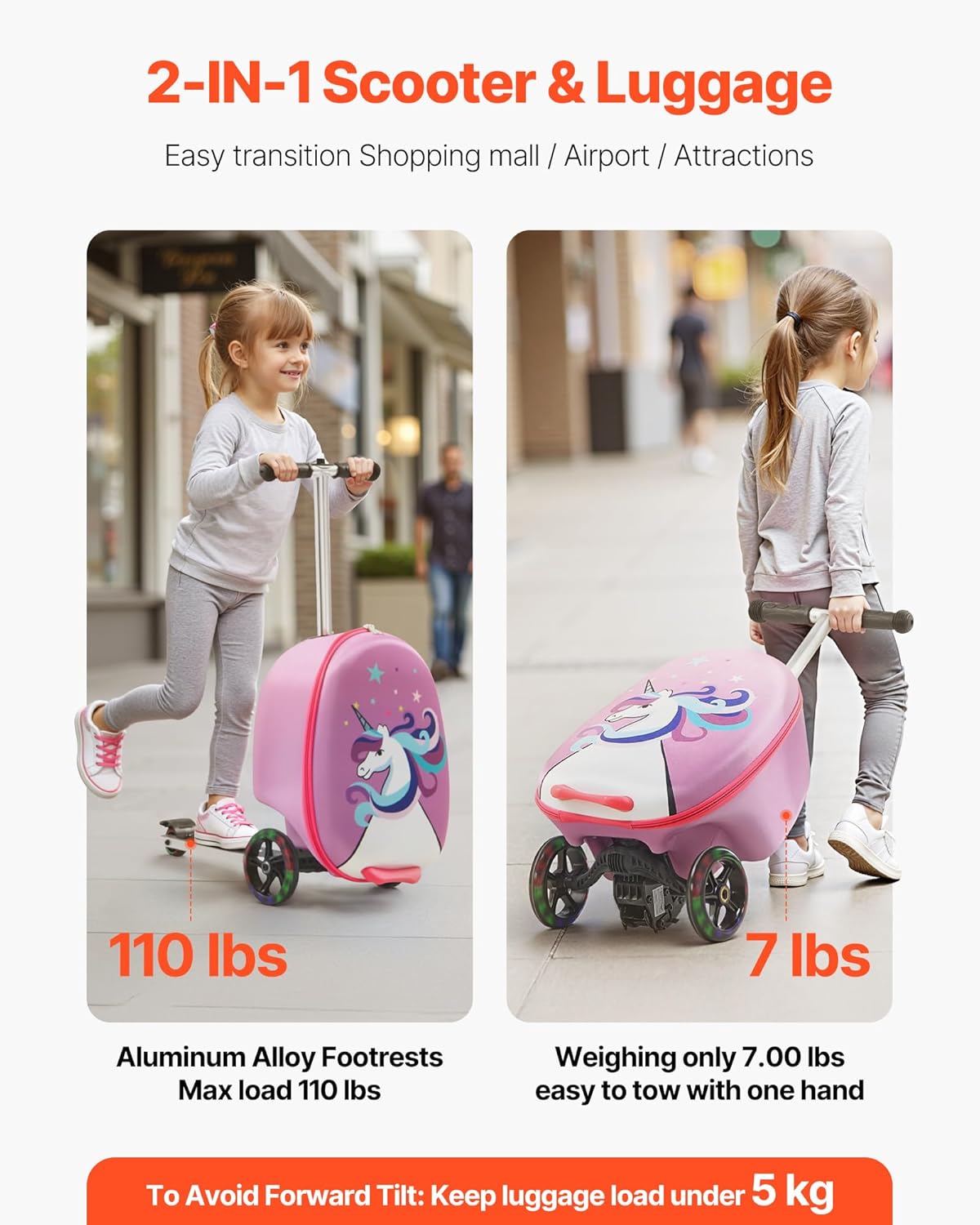 VEVOR Scooter Suitcase, 20L Capacity, Travel Suitcase with Flash PU Wheels, TPR Non-Slip Handle, Max Weight Capacity 50kg, Kids Suitcase, Hand Luggage, for Ages 5 and Above, Purple – Bild 4