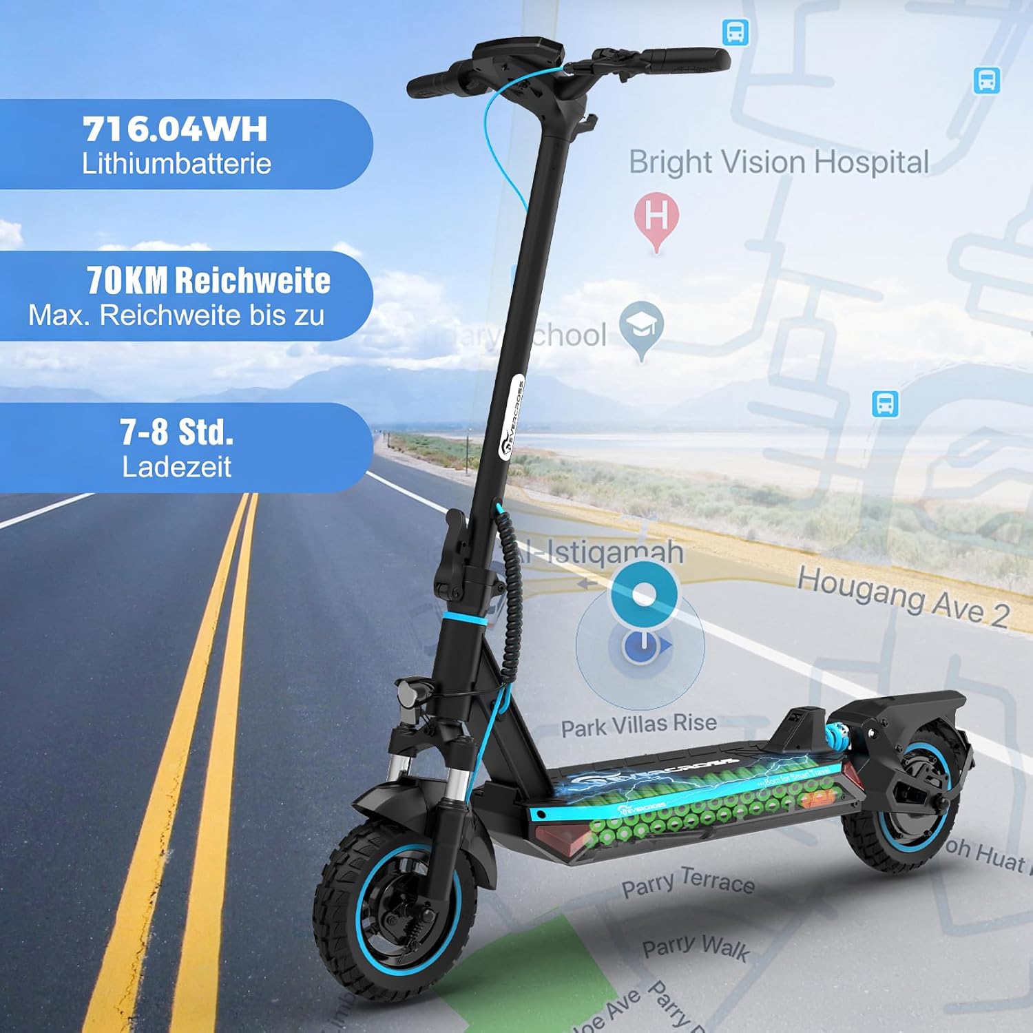 EVERCROSS A1 E-Scooter mit Straßenzulassung (ABE), 500W Motor, 10 Zoll Offroad Vakuumreifen, 46,8V 716,04WH Akku bis 70 km Reichweite, Faltbarer Elektroroller für Erwachsene mit App & LED-Display – Bild 3