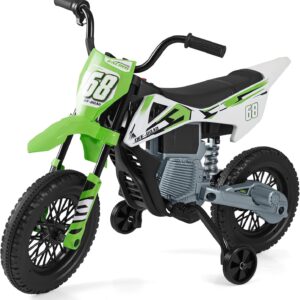 COSTWAY 12V Children’s Electric Motorcycle, Electric Motorcycle with Foot Pedals & Removable Stabilisers, Children’s Motorcycle with Music, 3-5 km/h, Motorcycle Eletro for Boys & Girls from 3 Years (Green)