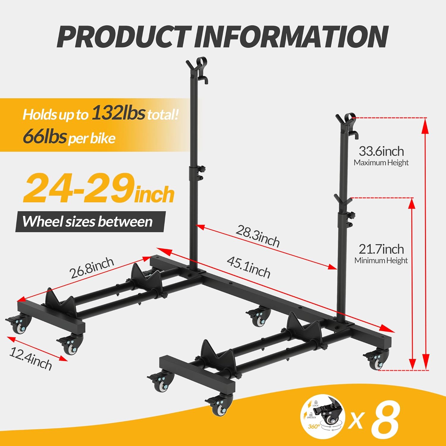 Vertical Bicycle Stands (Pack of 2), Floor Bicycle Stand for Garage, Height-Adjustable Bicycle Stand for Indoor Use for Garage & Home, for Rim Sizes up to 74 cm – Bild 6