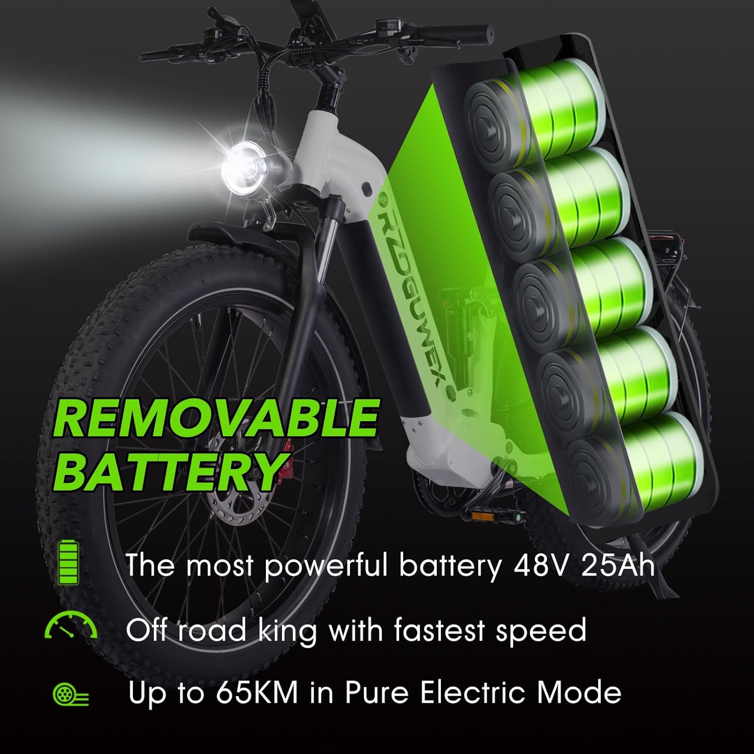 RZOGUWEX Electric Bicycle, 26 Inch Off-Road Ebike for Adults with Removable 48V 25Ah Lithium Ion Battery, 7 Speeds with Double Shock Absorbers and Double Hydraulic Disc Brake (Black) – Bild 2
