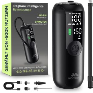Woowind LP1 Bicycle Air Pump, Electric Bicycle Pump, 1 Minute Inflation, 150 PSI/10.3 Bar Battery Compressor, Electric Air Pump, Automatic Shut-Off, LCD Display, LED Light