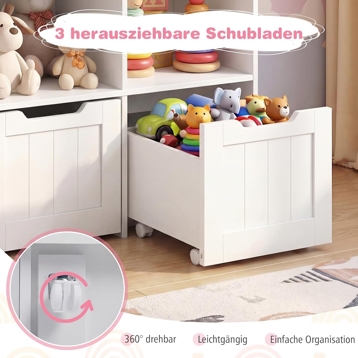 COSTWAY Children's Shelf with Boxes on Wheels, Children's Bookcase with 5 Compartments & 3 Drawers, Toy Cabinet Wooden Children's Cupboard, Toy Organiser for Children's Room, 100 x 33 x 90 cm (White) – Bild 5