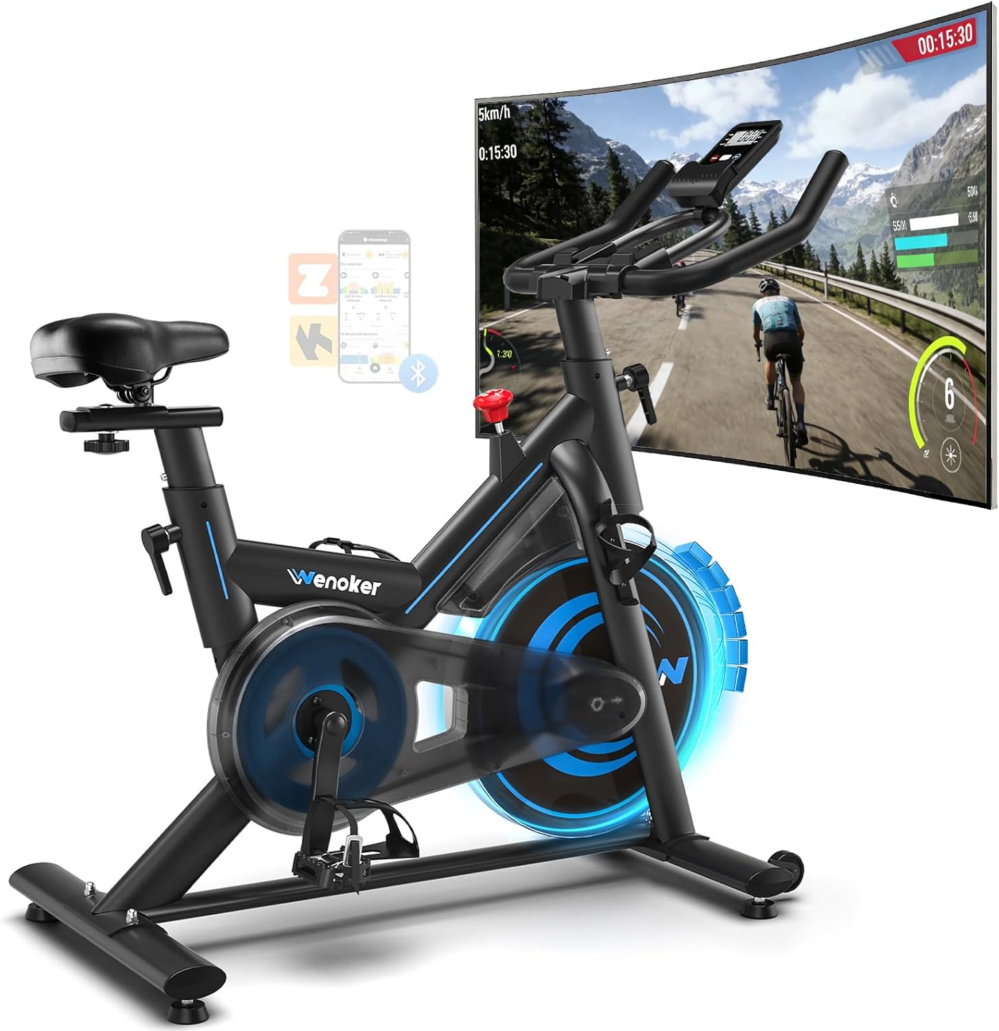 Heimtrainer Fahrrad mit App, Wenoker Leises Ergometer Magnetischer Widerstand Hometrainer Fahrrad, Spinning Bike Indoor Fitnessbikes für Kardio-Training zu Hause,Bis 160KG
