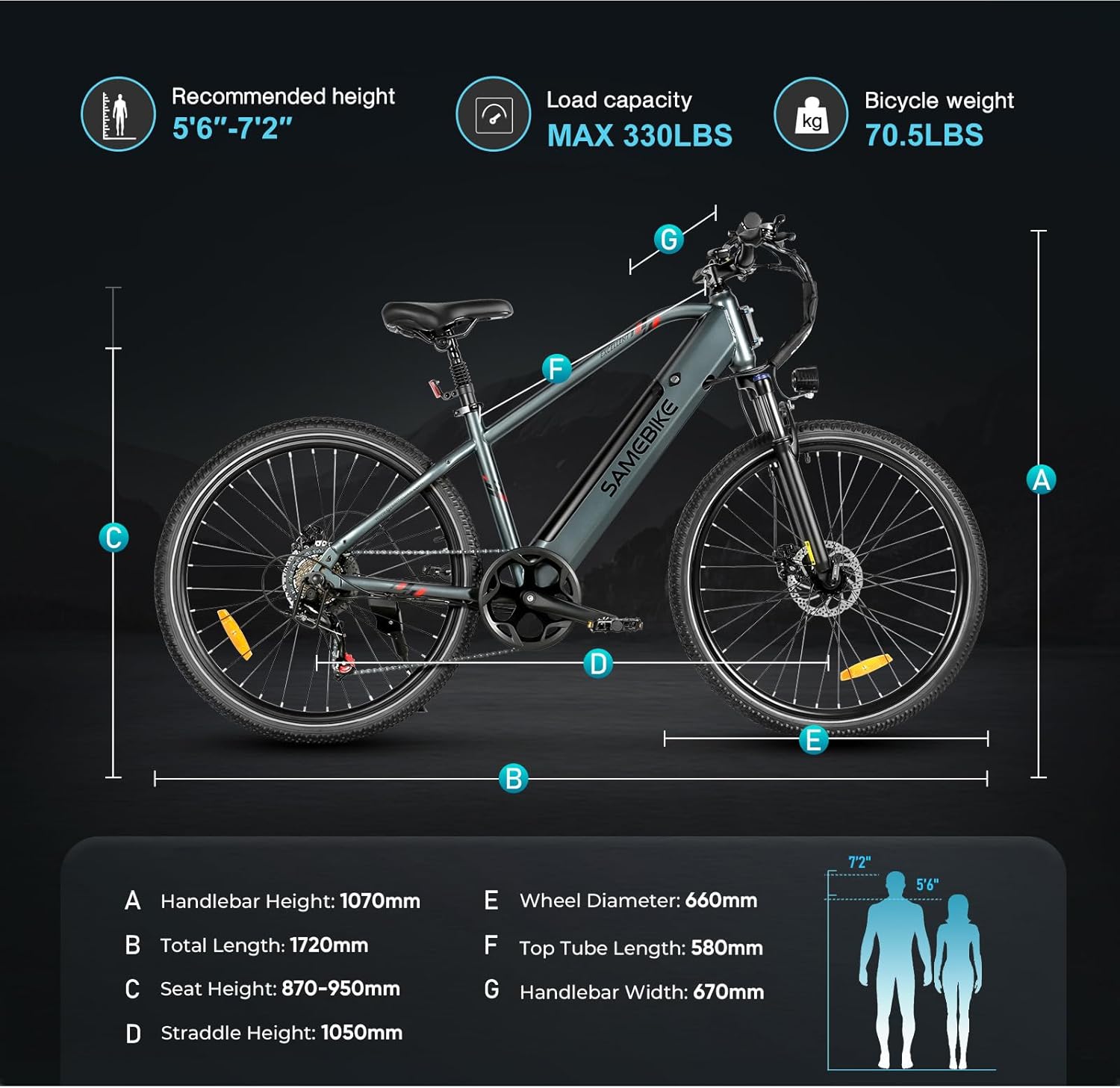 SAMEBIKE 26 Inch Electric Bicycle E-Bike Men Women with 540 Wh Battery, Up to 100 KM, 250 W Motor, Electric Bicycle with 7-Speed Gear, Pedelec City Bike EBike for Trekking RSA01 Men – Bild 8