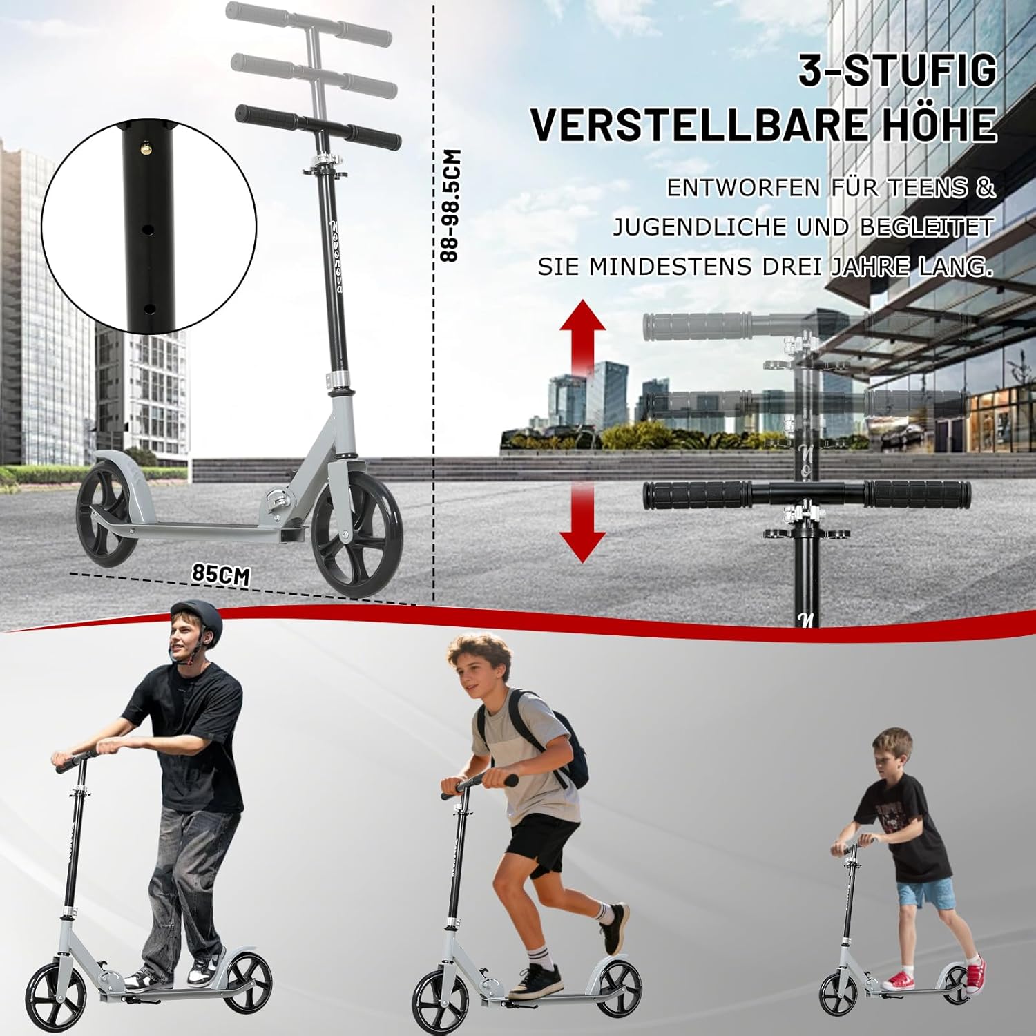 200 mm LED Big Wheel Scooter - Folding Scooter Children and Teenagers Aged 9-14 (125-175 cm), 3 Height-Adjustable City Scooter with Suspension and Double Brake, Scooter up to 100 kg D005B – Bild 2