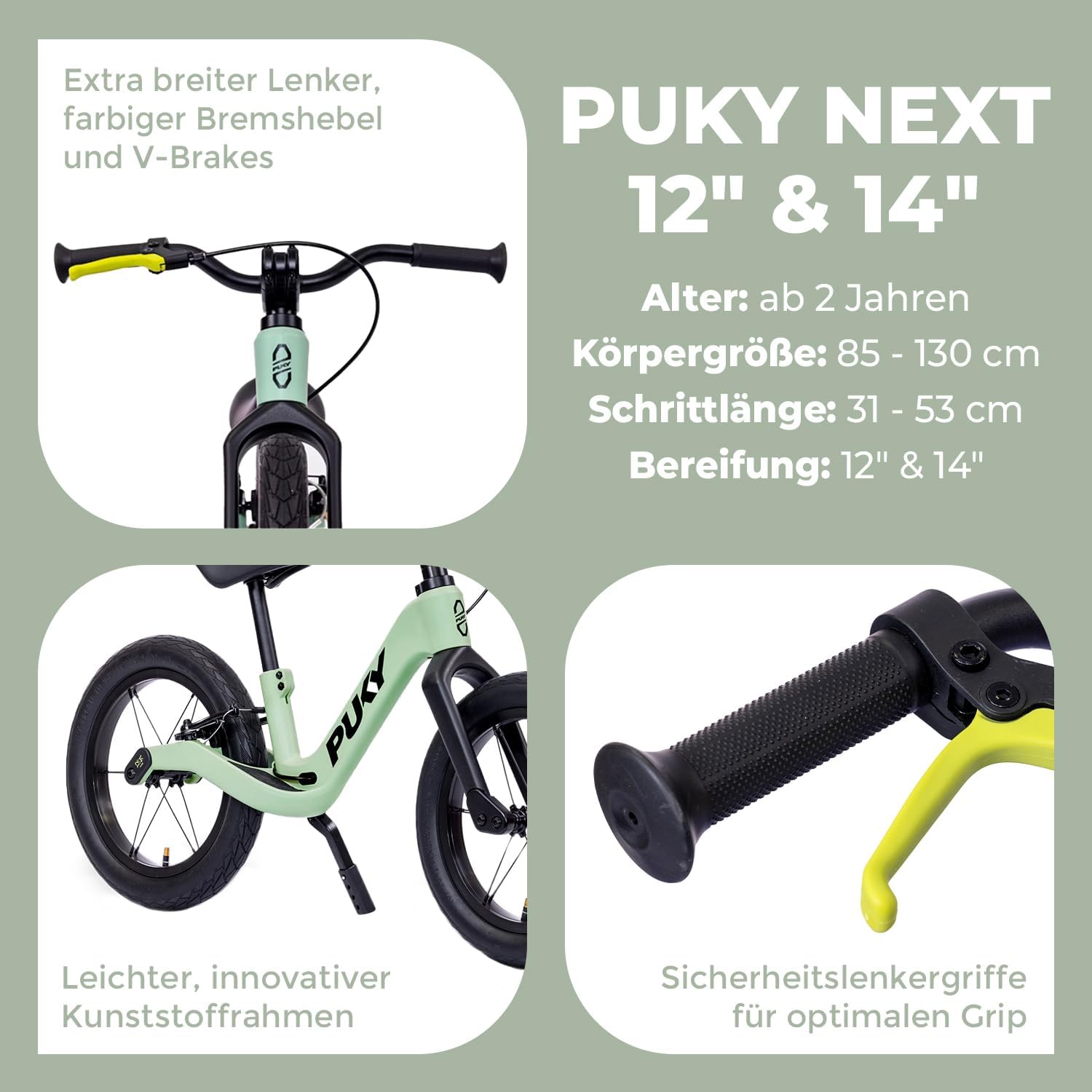 PUKY Next Set 12 Inch & 14 Inch Green/Black | Growing Balance Bike 2-6 Years | Children's Balance Bike from 2 Years | Balance Bike | FlipChip Wheels | Height Adjustable – Bild 3