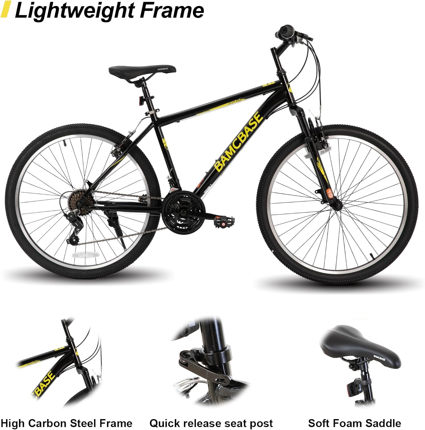 HILAND BAMCBASE 26/27,5/29 Zoll Mountainbike, Hochfester Stahlrahmen 21 Gänge Mountainbike, V-Brake Hardtail MTB Bike für Männer Frauen, Schwarz/Blau/Grau – Bild 3