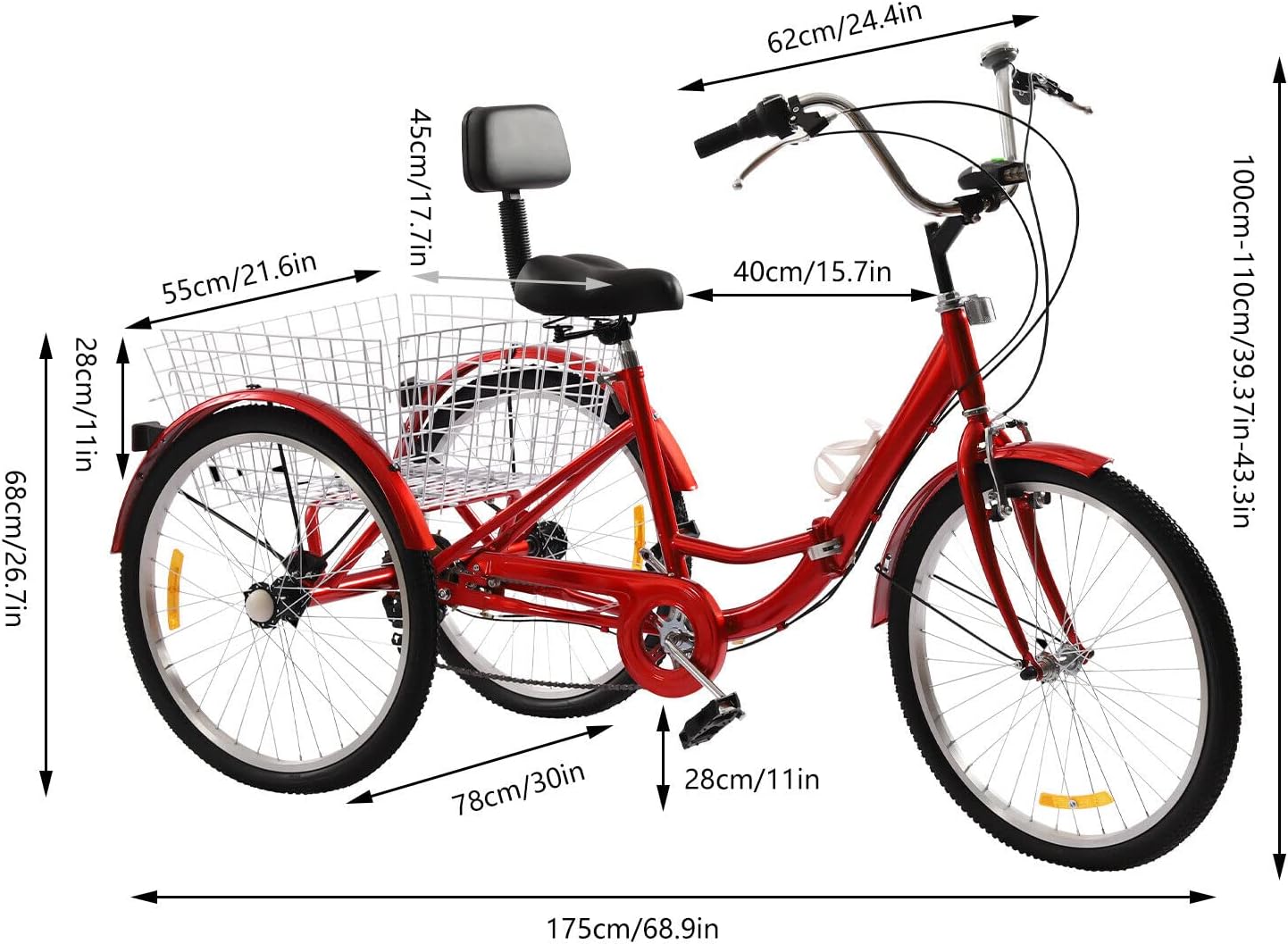 Tricycle Adult Bike with LED Light Vegetable Basket Foldable Foldable Basket Bicycle Load Bicycle Wheels Seniors Trike Stable Trike Structure Cycling Comfortable 24 Inch 3 Wheels 7 Speed – Bild 2