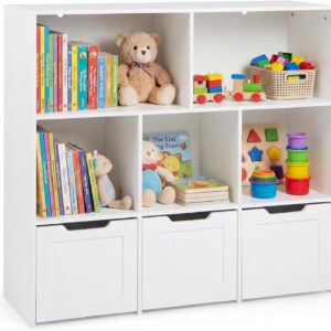 COSTWAY Children’s Shelf with Boxes on Wheels, Children’s Bookcase with 5 Compartments & 3 Drawers, Toy Cabinet Wooden Children’s Cupboard, Toy Organiser for Children’s Room, 100 x 33 x 90 cm (White)