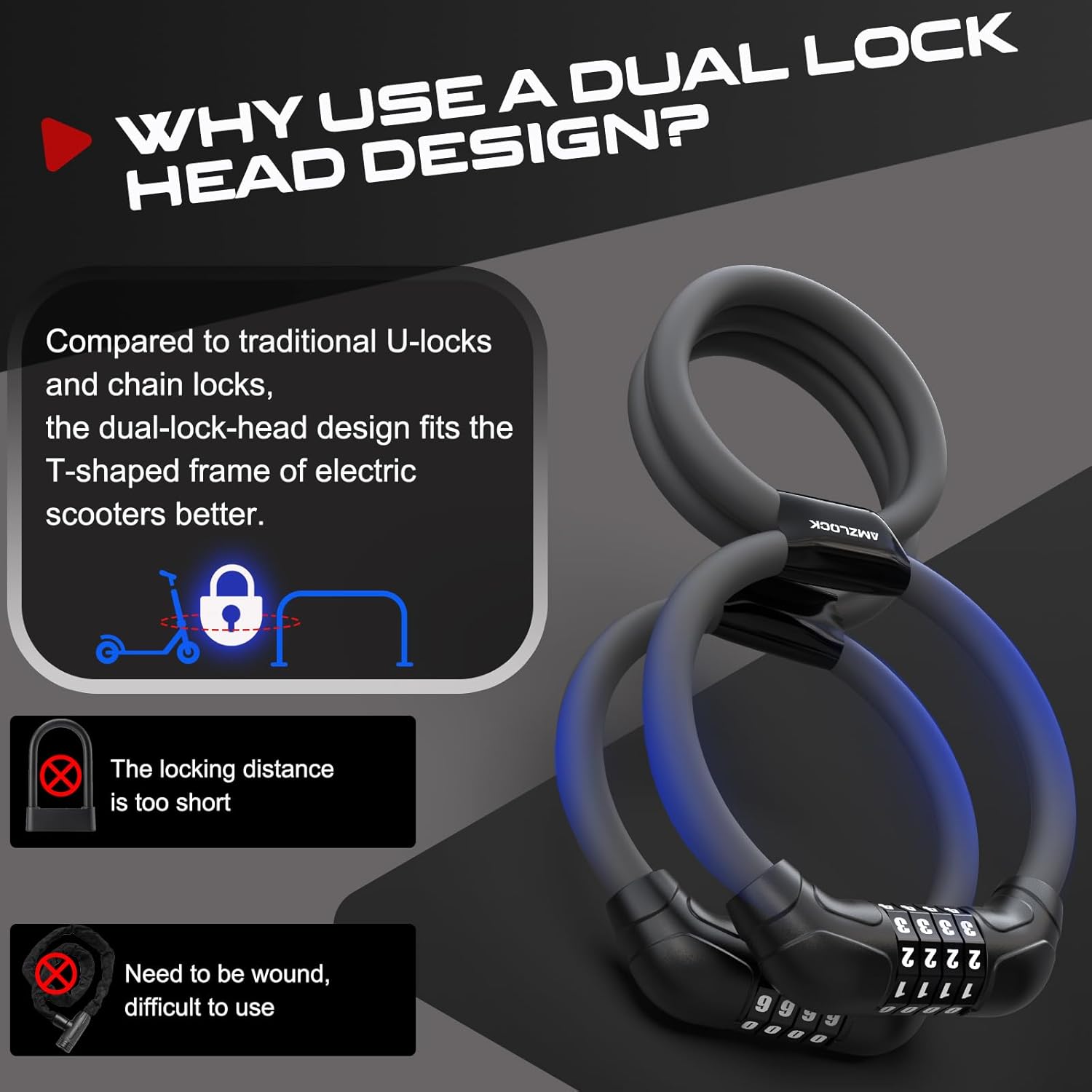 E Scooter Lock, Double Lock Cable Lock, Lock for E Scooter with 4 Digit Code, Handcuff Lock for E-Scooter, Bicycle and Scooter – Bild 2