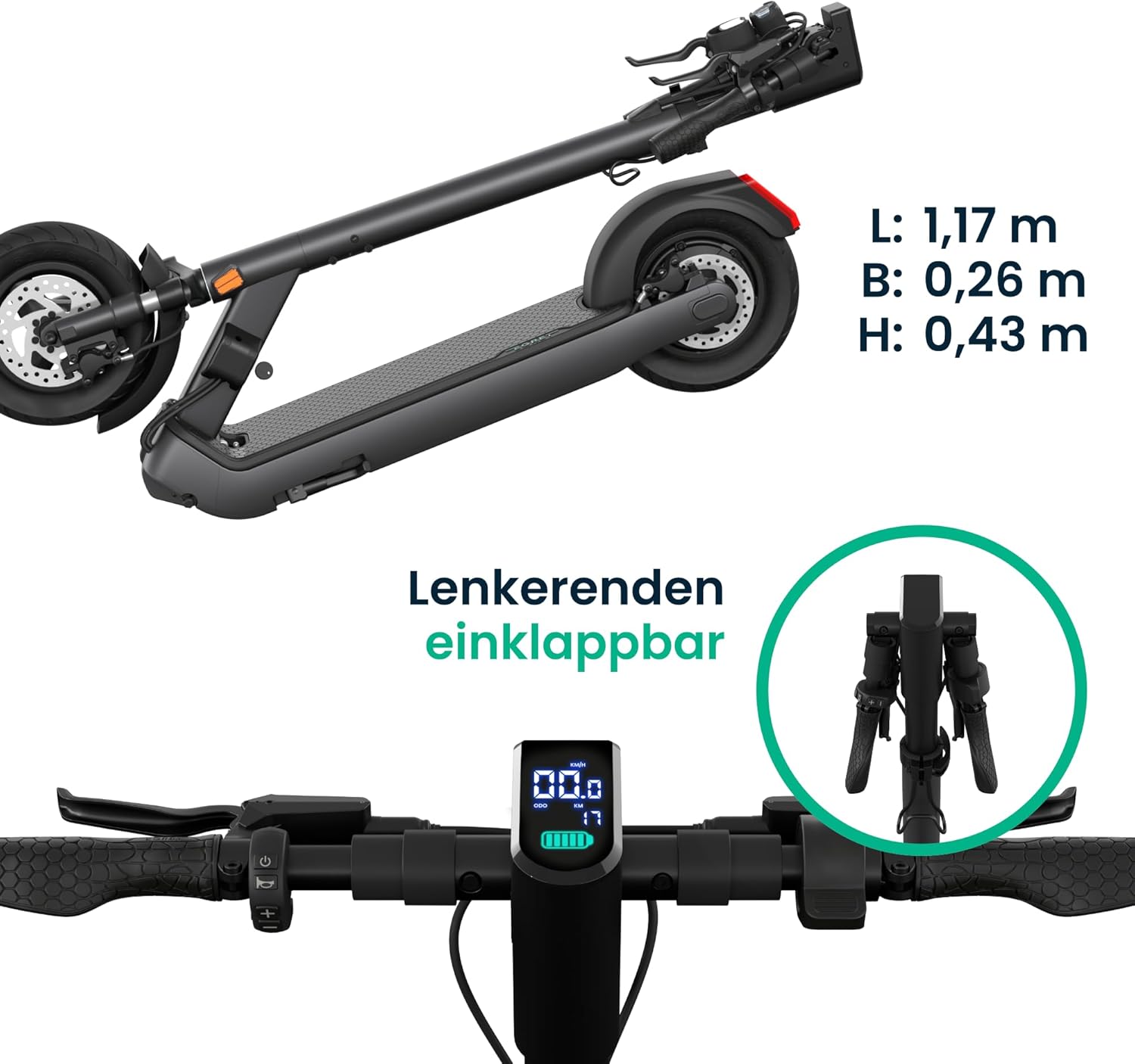 Egret Pro FX E-Scooter with Road Legal (max. 20 km/h), Range up to 80 km, Front Suspension, App Control, Handlebar Height Adjustable + Foldable, Maximum Load 120 kg – Bild 2