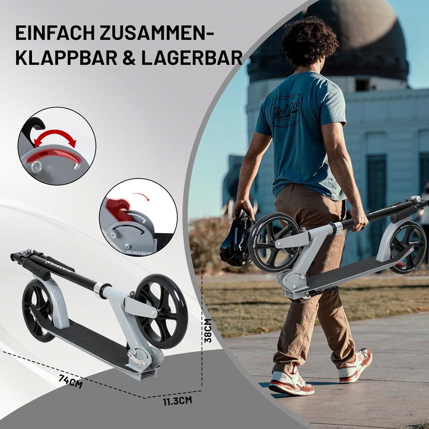 200 mm LED Big Wheel Scooter - Folding Scooter Children and Teenagers Aged 9-14 (125-175 cm), 3 Height-Adjustable City Scooter with Suspension and Double Brake, Scooter up to 100 kg D005B – Bild 4