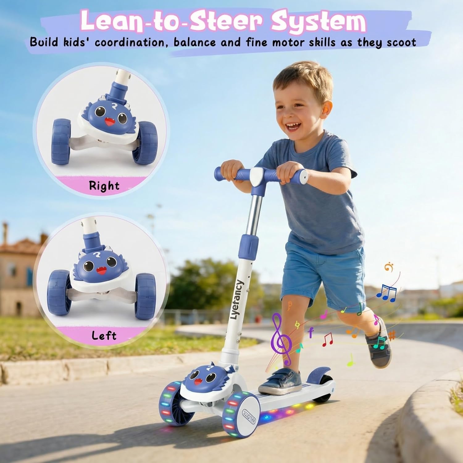 3 Wheel Scooter for Children Aged 2-8 Years, 2 in 1 Kids Scooter with Removable Seat, Folding Scooter with Music and Luminous Wheels, Height Adjustable, Steerable by Weight Shift – Bild 7