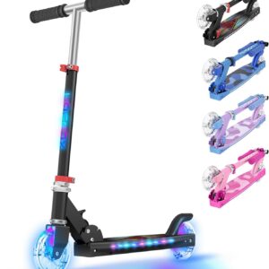 TONBUX Children’s Scooter with Cool Illuminated Poles, Wheels and Deck, 3 Levels Height Adjustable Children’s Scooter, Foldable Lightweight Scooter Children from 5 to 12 Years