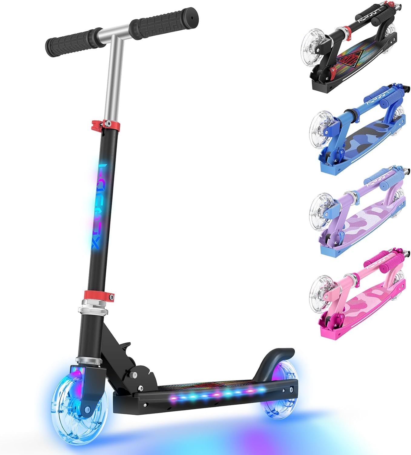 TONBUX Children's Scooter with Cool Illuminated Poles, Wheels and Deck, 3 Levels Height Adjustable Children's Scooter, Foldable Lightweight Scooter Children from 5 to 12 Years