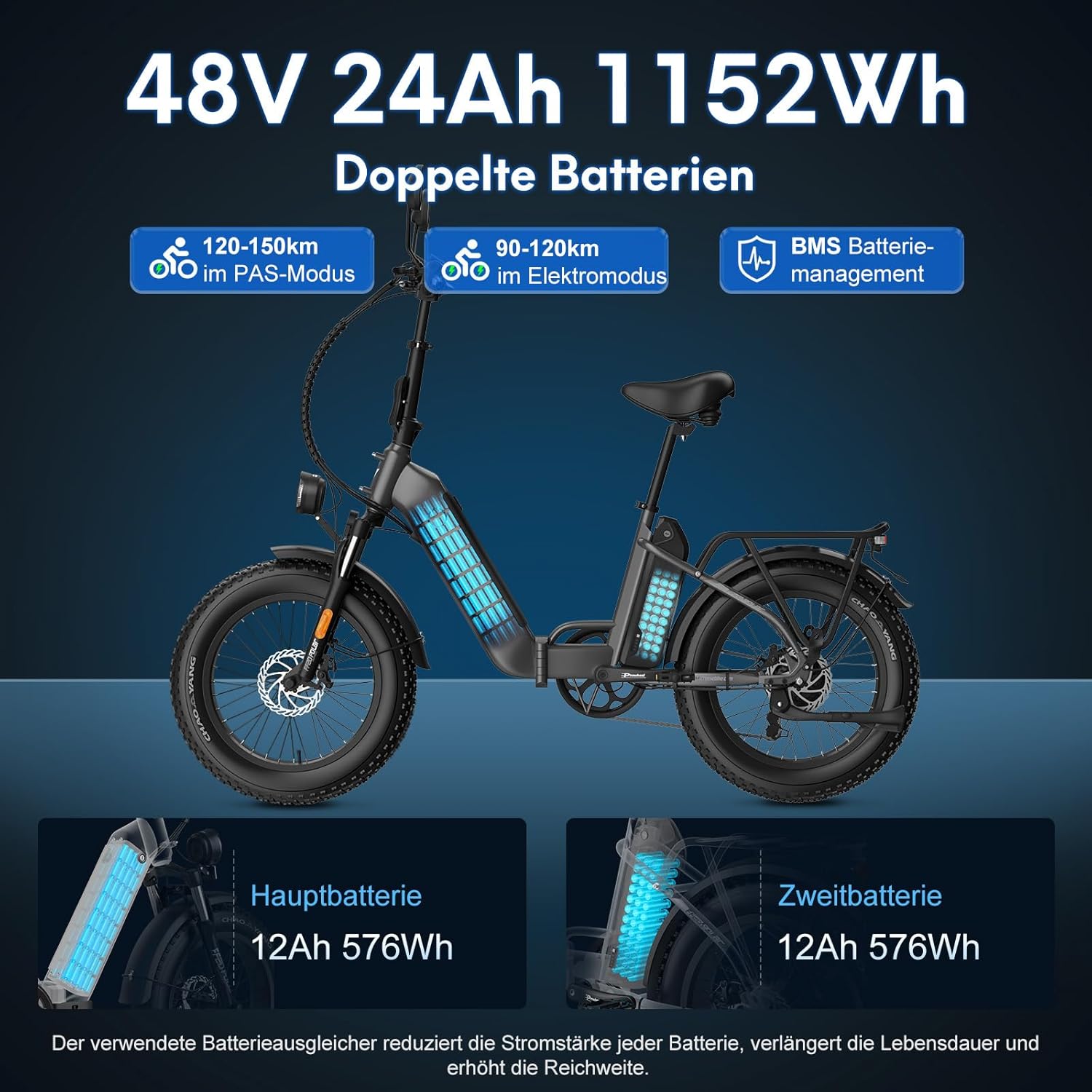 Fafrees FF20 Polar E-Bike Folding Bike 20 x 4.0 Inches, 500 W 45 km/h Ebike Men's Double Batteries 24 Ah / 26.8 Ah, Fatbike Women's Range 150 km/170 km, Electric Bicycle Bearing Weight 150 kg – Bild 5