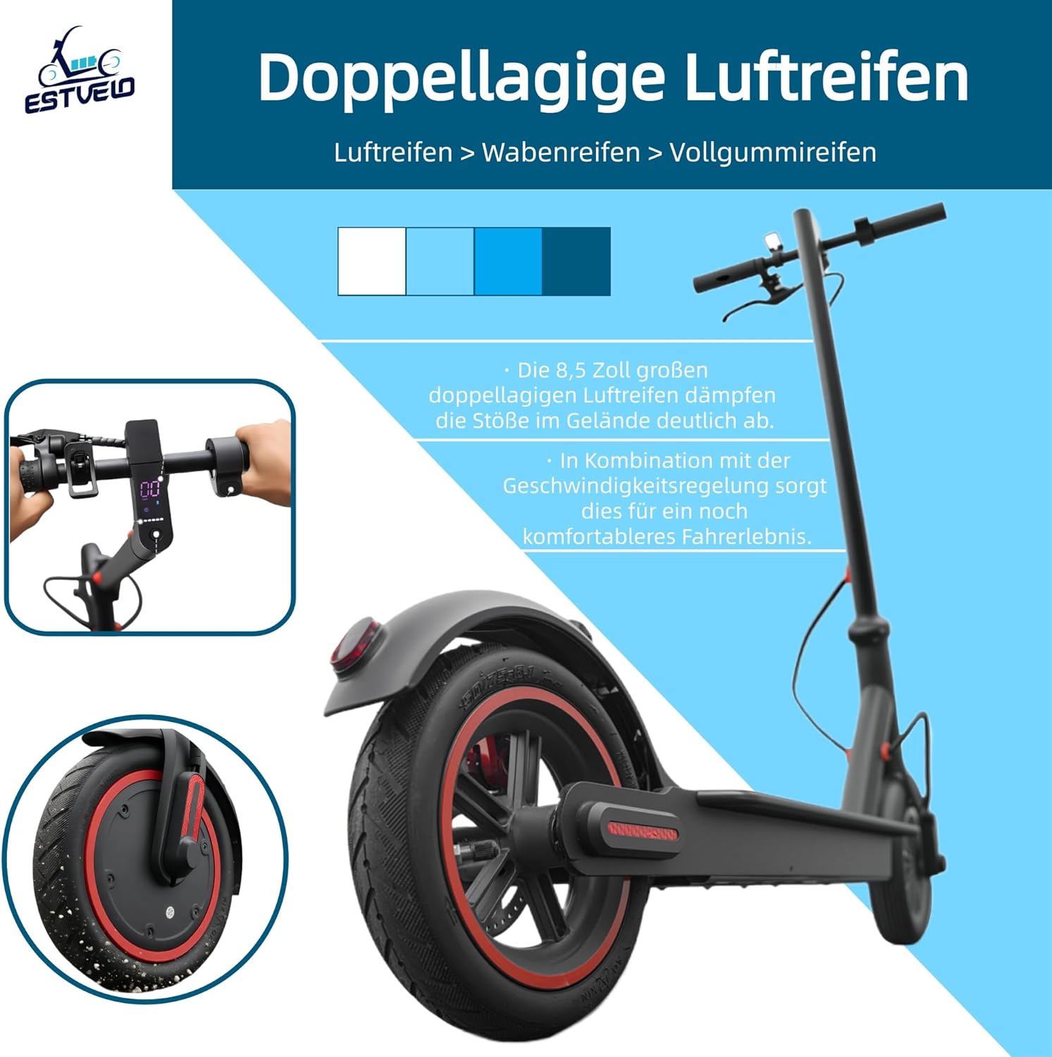 E Scooter S4, with Widened Pneumatic Tyres, Max. 20 km/h Speed, 30 km Range, 15% Incline, Load up to 120 kg, Regenerative Braking, Foldable Electric Scooter for Adults – Bild 6