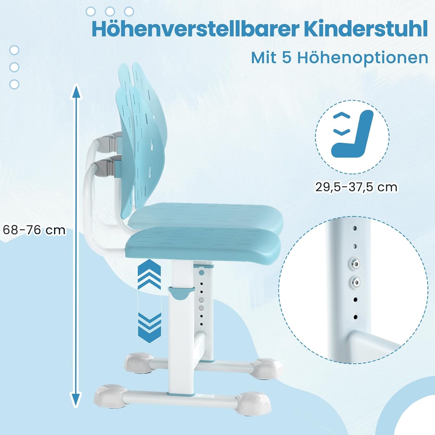 COSTWAY Children's Desk Chair, 29.5-37.5 cm Height Adjustable, Children's Desk Chair with Double Backrest, Armless Office Chair without Wheels, Children's Chair for Boys and Girls from 3 Years (Blue) – Bild 4