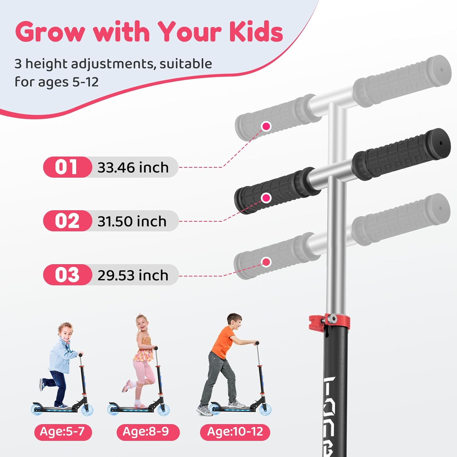 TONBUX Children's Scooter with Cool Illuminated Poles, Wheels and Deck, 3 Levels Height Adjustable Children's Scooter, Foldable Lightweight Scooter Children from 5 to 12 Years – Bild 3