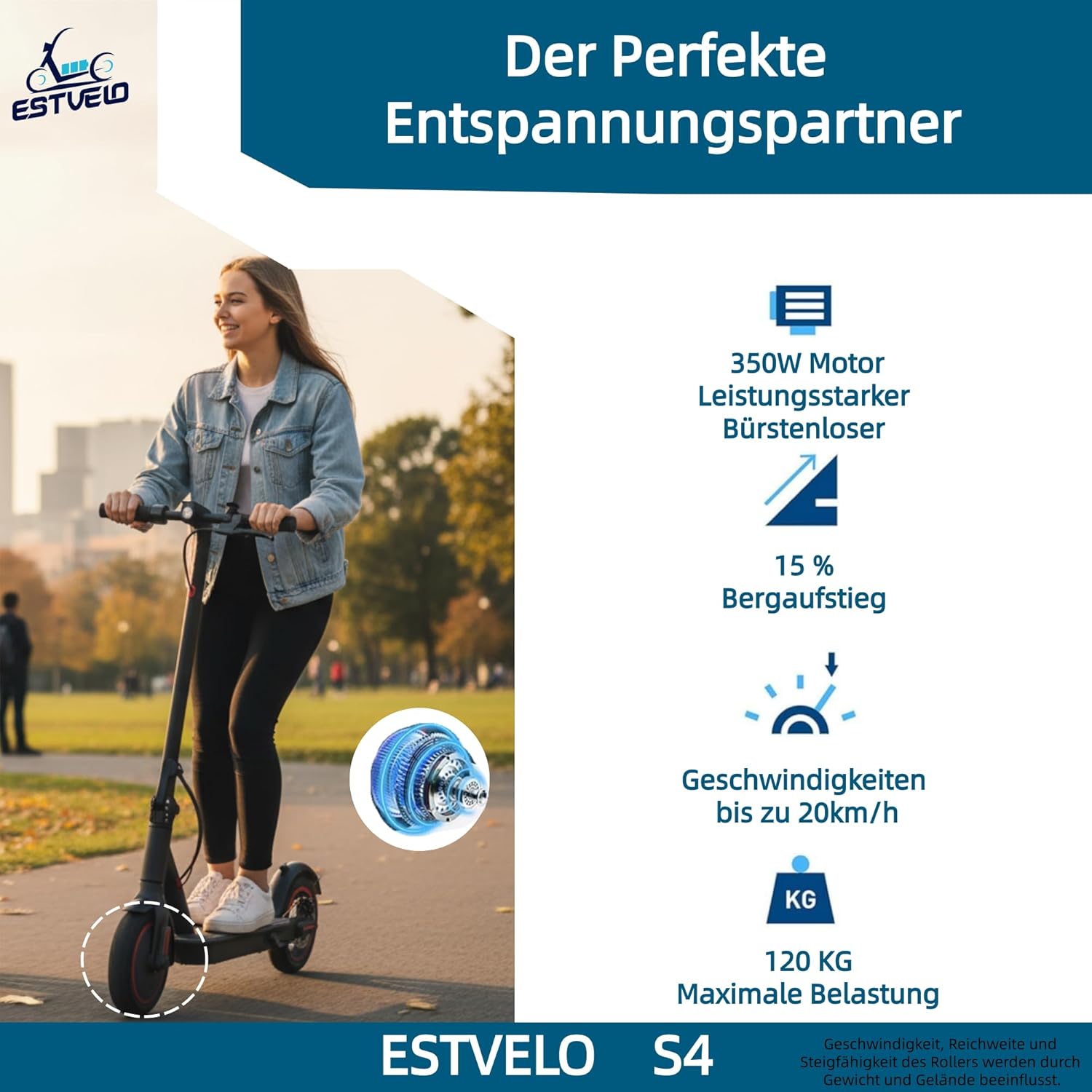 E Scooter S4, with Widened Pneumatic Tyres, Max. 20 km/h Speed, 30 km Range, 15% Incline, Load up to 120 kg, Regenerative Braking, Foldable Electric Scooter for Adults – Bild 2