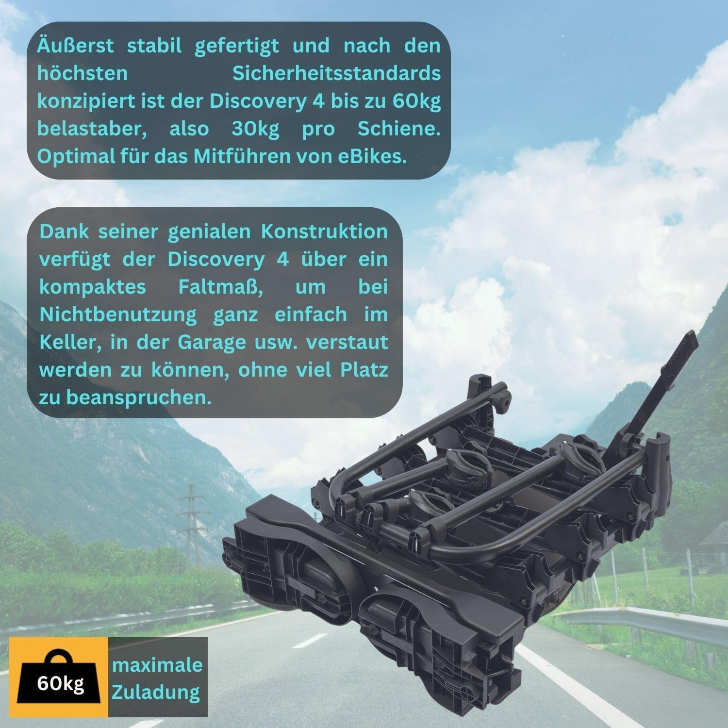 eBike Bicycle Carrier for Towing Hitch Bicycle Rear Carrier Wheel Carrier - Discovery 4 - for 4 Bikes - 60 kg Load - Foldable on Vehicle - Compact Folding Size - – Bild 4