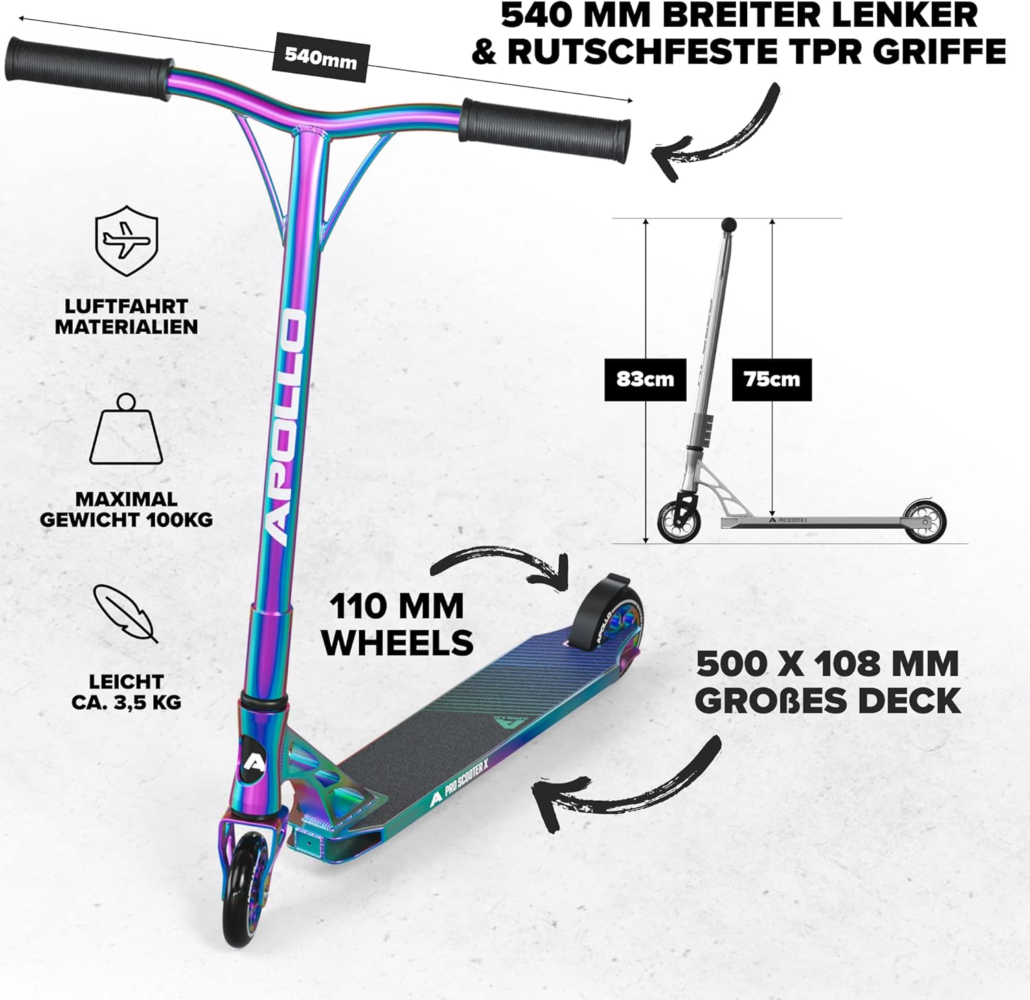 Apollo Stunt Scooter, Genesis Pro X/Pro X Competition, High End Stunt Scooter, ABEC 9 Ball Bearings, Trick Scooter with 110 mm or 120 mm Wheels and Aluminium Core – Bild 3