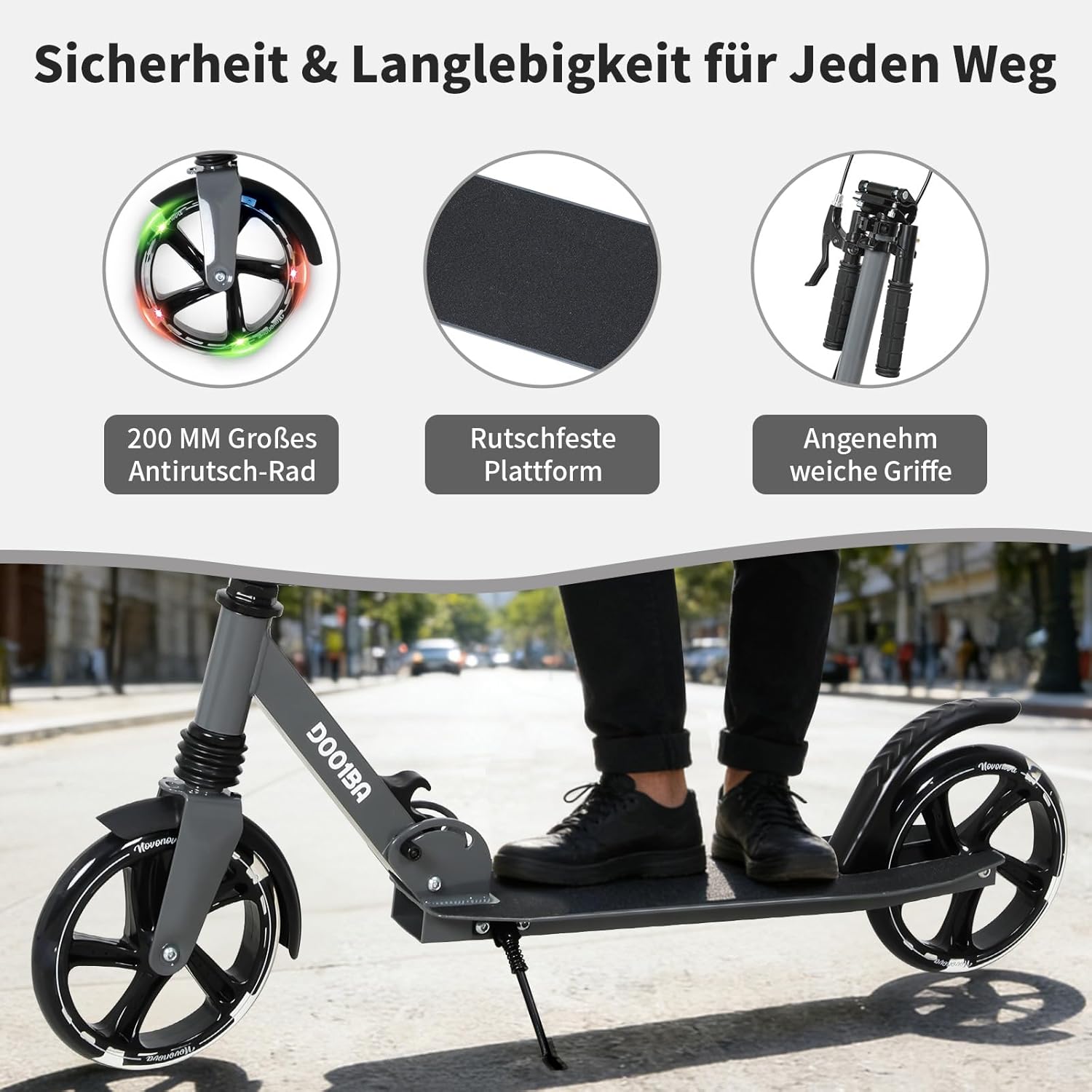 200 mm LED Big Wheel Scooter NV-D001BA with Light Wheels - Foldable City Scooter for Children from 9 & Teenagers (125-175 cm), Suspension & Double Brake, Scooter up to 100 kg, Grey/Red/Blue – Bild 3