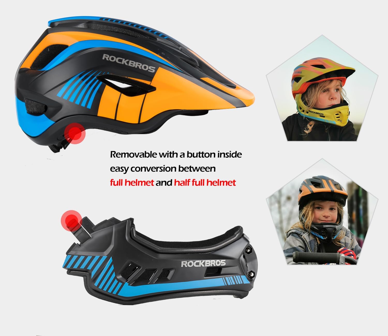 ROCKBROS Children's Helmet, Integrated Bicycle Helmet for Children/Youth, Full Face Helmet with Removable Chin Guard, BMX, MTB, Downhill Helmet, S: 48-53 cm, M: 53-58 cm – Bild 2