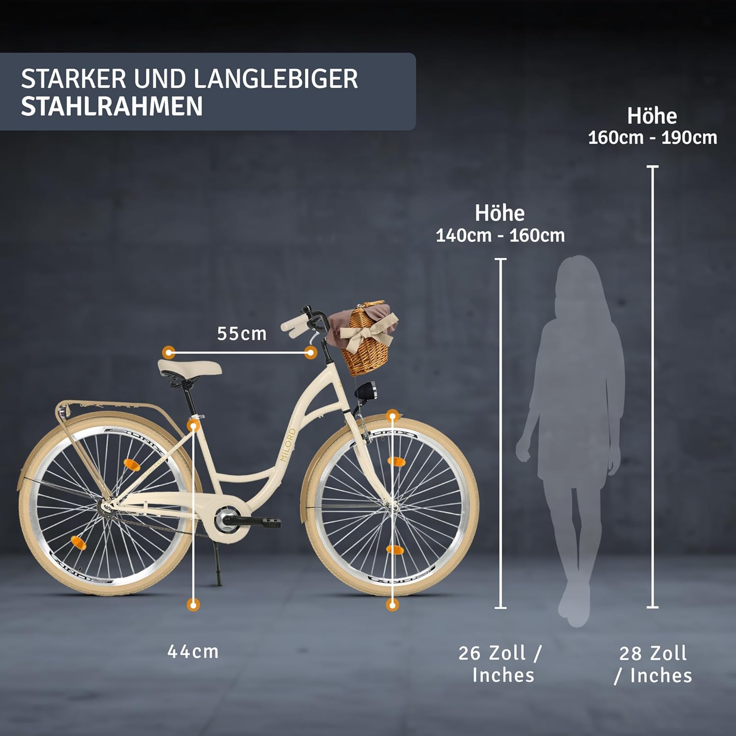 MILORD Women's City Bike Comfort with Wicker Basket Vintage Bicycle 26 / 28 Inch 1 Speed – Bild 3