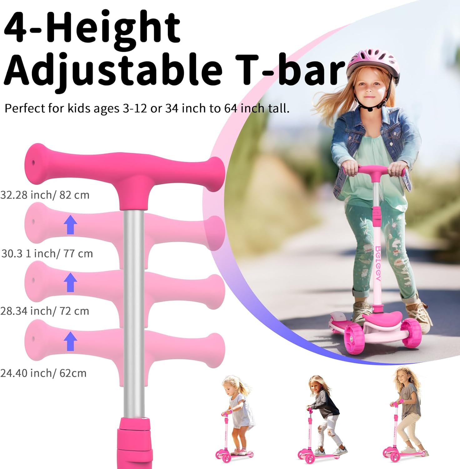 BELEEV A8 Scooter Children 6 Years, Foldable Premium Tricycle Scooter with LED Light Wheels, 4 Height Adjustable, Extra Wide & Non-Slip Platform, 3 Wheels Scooter for Girls Boys 3-12 Years – Bild 2
