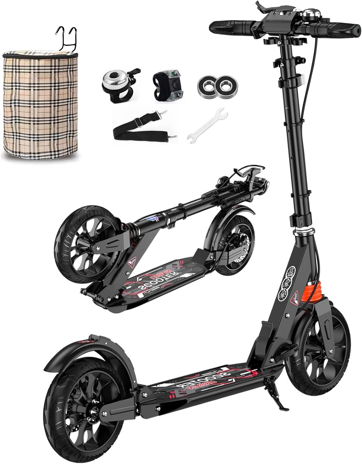 Bueuwe Big Wheel Scooter Adult 150 kg Load Capacity, City Scooter for Adults, Scooter Children 10 Years, City Scooter with Handbrake and Shock Absorber, 4 Height Adjustable, Black