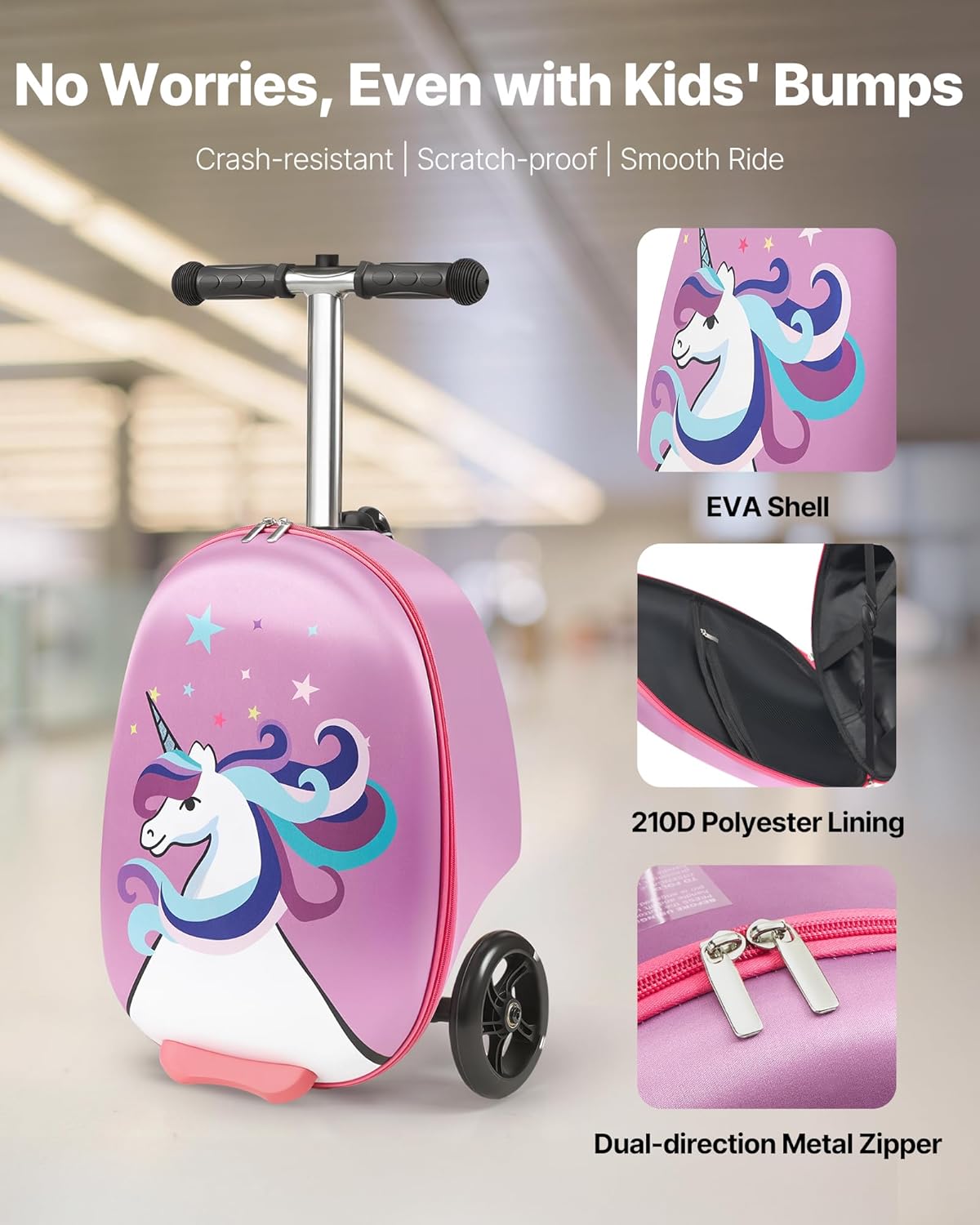 VEVOR Scooter Suitcase, 20L Capacity, Travel Suitcase with Flash PU Wheels, TPR Non-Slip Handle, Max Weight Capacity 50kg, Kids Suitcase, Hand Luggage, for Ages 5 and Above, Purple – Bild 2