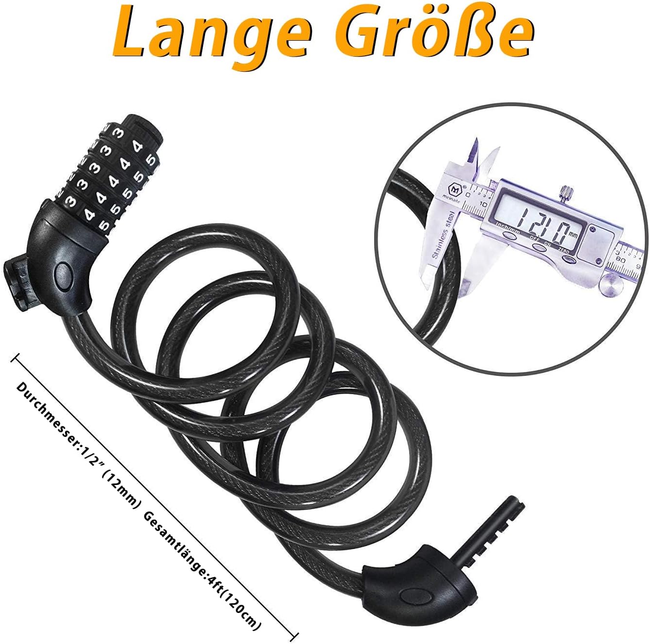 Rehkittz Bicycle Lock, 120 cm/12 mm Cable Lock Very High Security Level with 5-Digit Numeric Code Combination Lock Bicycle Mount Bicycle Lock Number Lock for Bicycle Tricycle Scooter Bike, black – Bild 4