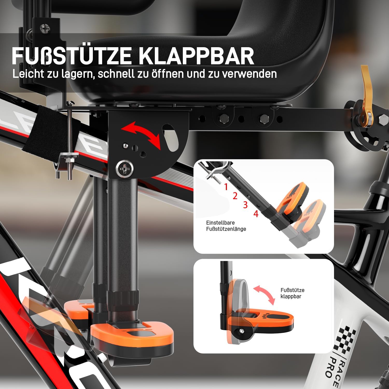 XIEEIX Mountainbike Kindersitz, Fahrrad Kindersitz Vorne, Mountainbike Kindersitz mit Einziehbaren Pedalen, Tragbarer Kinderfahrradsitz für alle Mountainbikes von Erwachsenen – Bild 4
