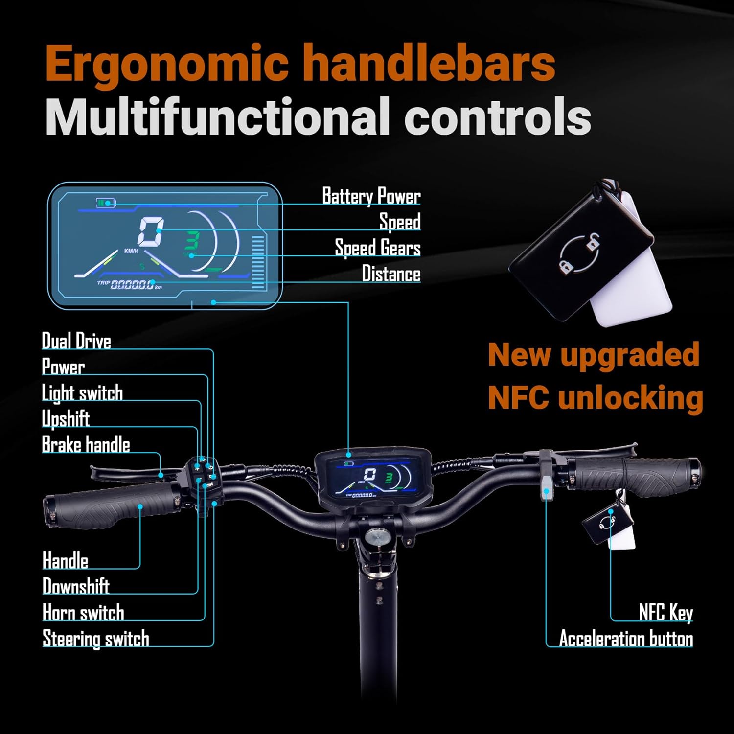 HWWH E-Scooter Offroad Electric Scooter Fast E Scooter NFC Keyless Start 11 Inch All-Time Tyres Double Motor C-Type Suspension 60 V 40 Ah Lithium-Ion Battery Maximum Autonomy 100 km – Bild 4