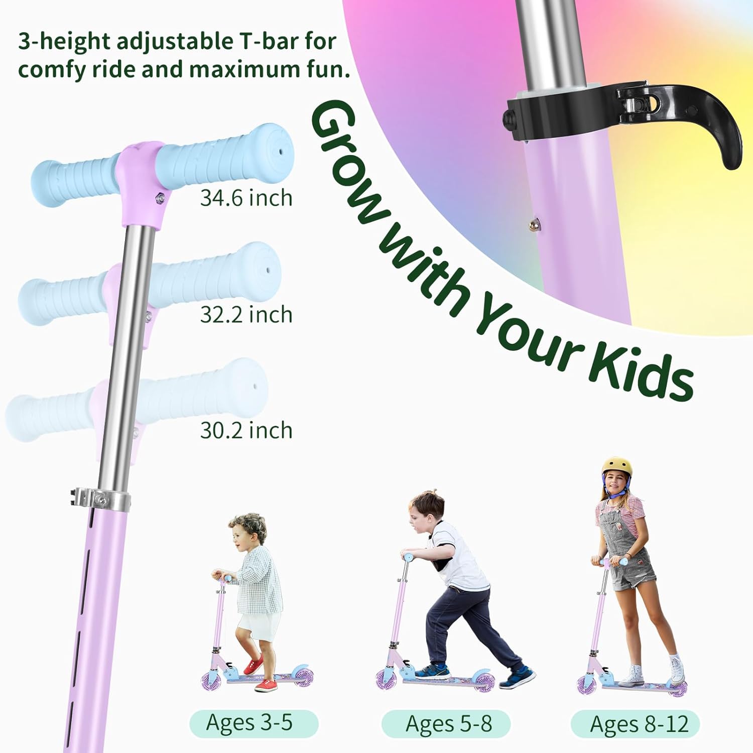 Beleev V2 Scooter Children's Scooter 6 Years, Upgrade with LED Luminous Wheels, Steering Column and Deck, Height Adjustable, Rear Wheel Brake, Foldable Scooter Children 4 Years Girls Boys, 3-12 Years – Bild 4