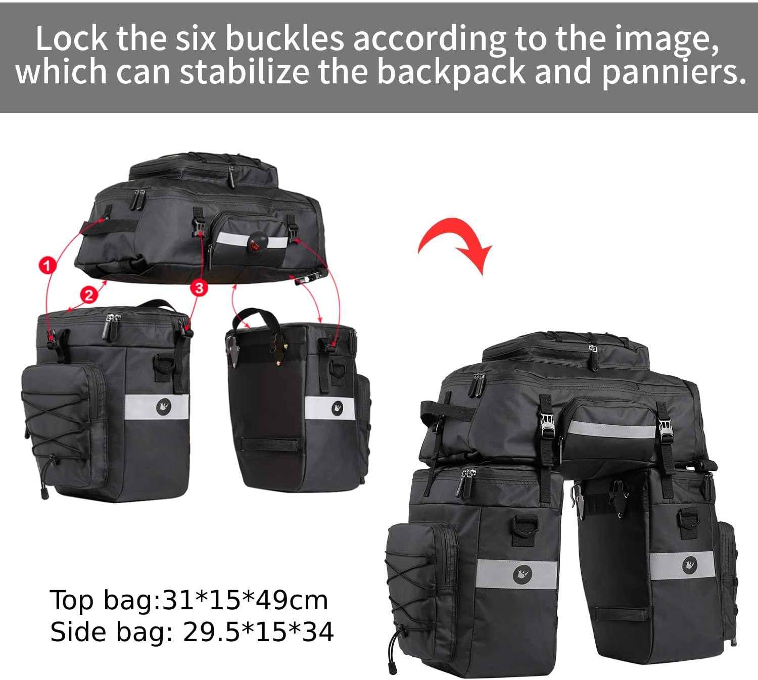 Baigio Bicycle Bag, 3-in-1 Multifunction Waterproof Pannier Rack Bag, 75L Cycling Pannier Rack Bag, Bicycle Travel Bag With Rain Cover, For Men, black – Bild 6