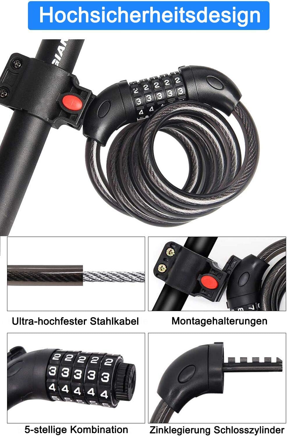 Rehkittz Bicycle Lock, 120 cm/12 mm Cable Lock Very High Security Level with 5-Digit Numeric Code Combination Lock Bicycle Mount Bicycle Lock Number Lock for Bicycle Tricycle Scooter Bike, black – Bild 3