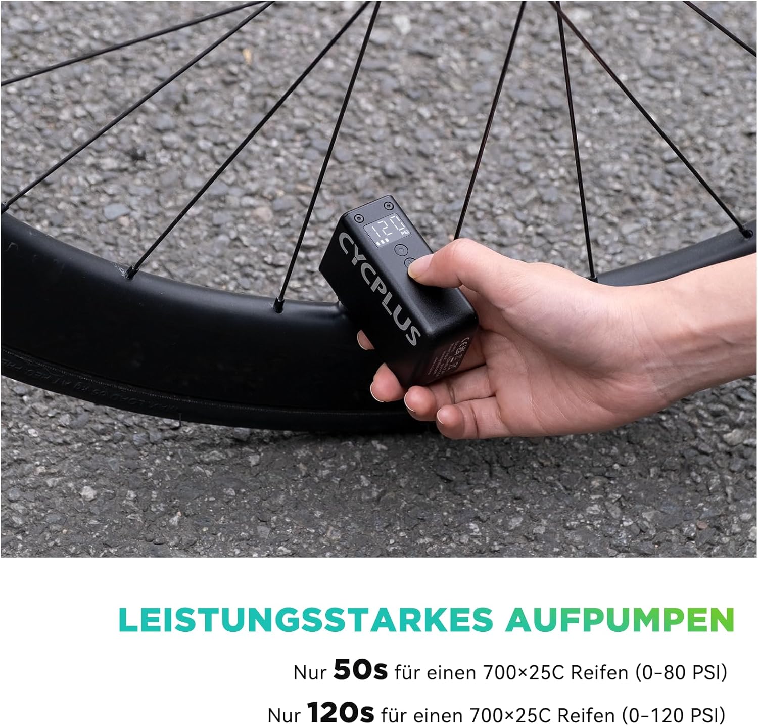 CYCPLUS AS2 PRO Tiny Bicycle Pump with Pressure Gauge, Max 120 PSI Electric Bicycle Pump, Automatic Shut-Off, with Presta and Schrader Valve for E-Bike, Mountain Bike, City Bike and Road Bike (2025 Version) – Bild 3