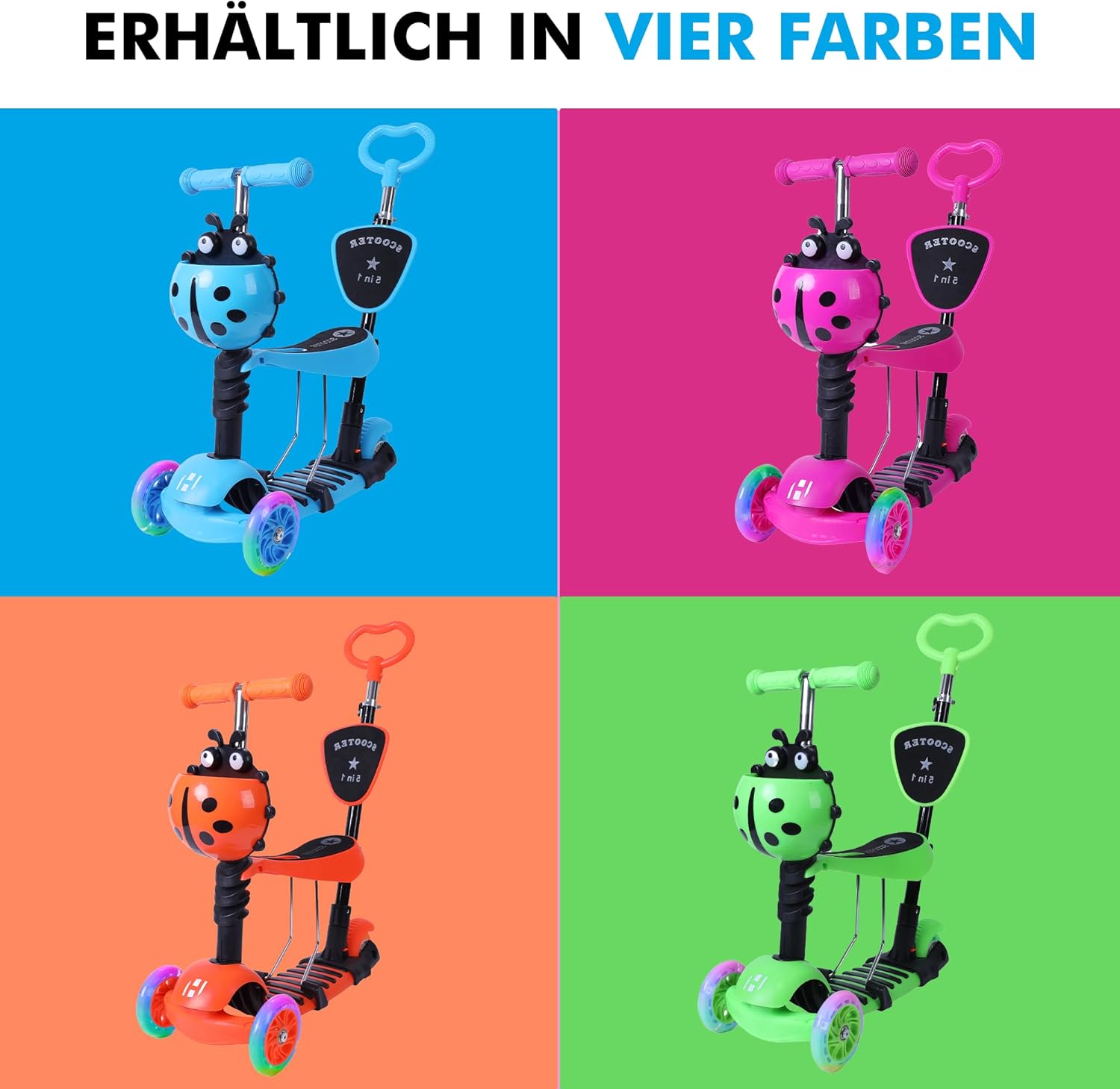 Habib Gruppe 5-in-1 Children's Scooter with Backrest for Boys and Girls - Removable Seat, LED Wheels, Height-Adjustable Handlebars, Scooter - Children's Scooter Outdoor Game, for 2-8 Years Children – Bild 8