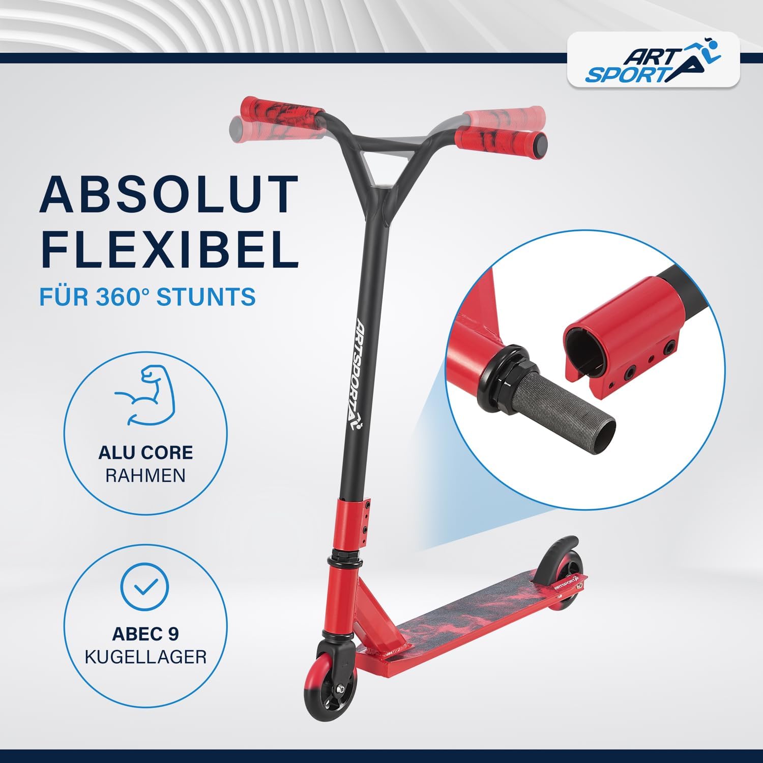ArtSport Stunt Scooter with 360° Steering, ABEC 9 Ball Bearings, 100 mm PU Wheels & Grip Tape, Fun Scooter for Children, Stunt Scooter, Kick Scooter, Trick Scooter – Bild 4