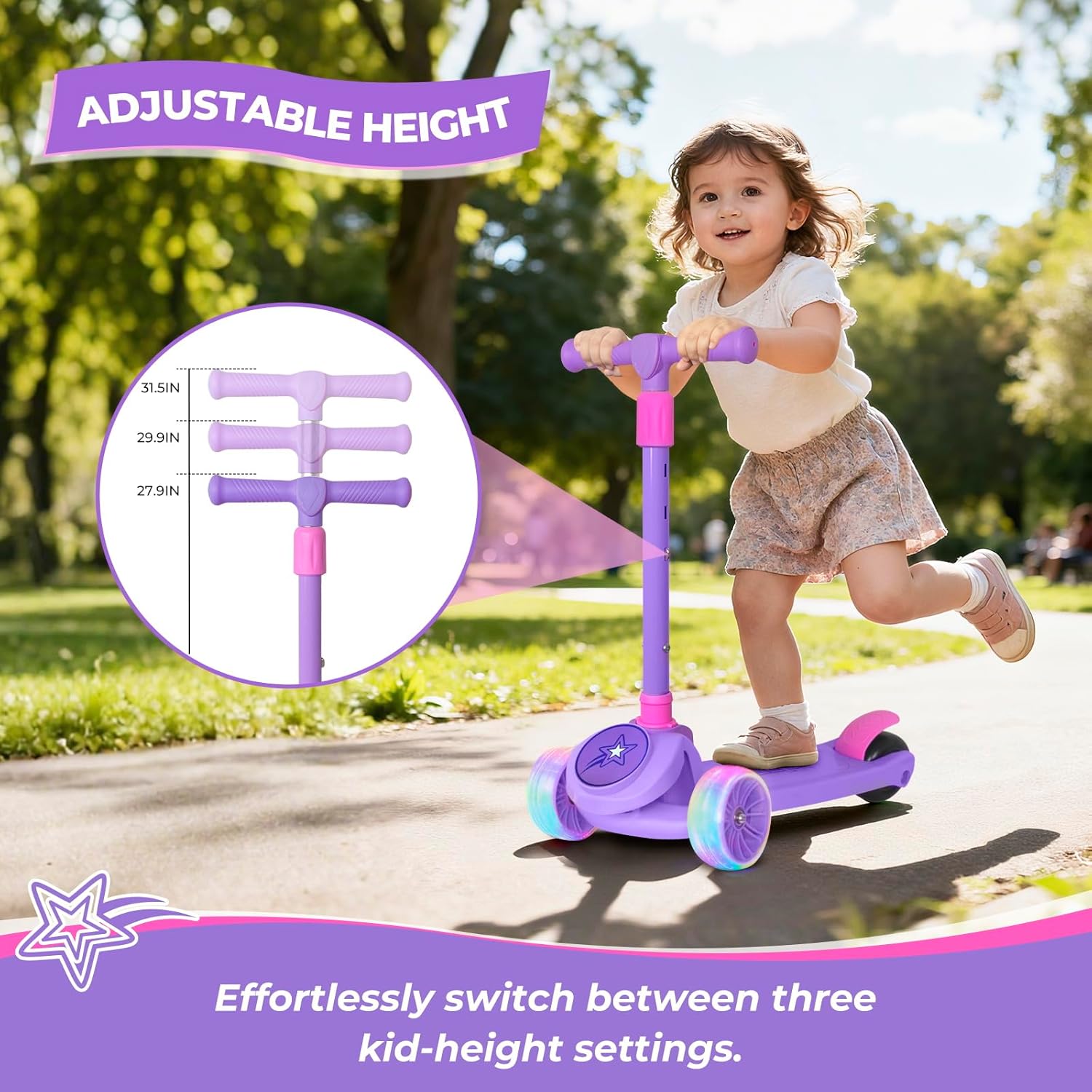 Nattork Children's Scooter, 3 Wheels, Children's Scooter with 3 Height-Adjustable Handlebars, Tilting Steering and Wide Non-Slip Deck, for Boys and Girls from 2 Years – Bild 3