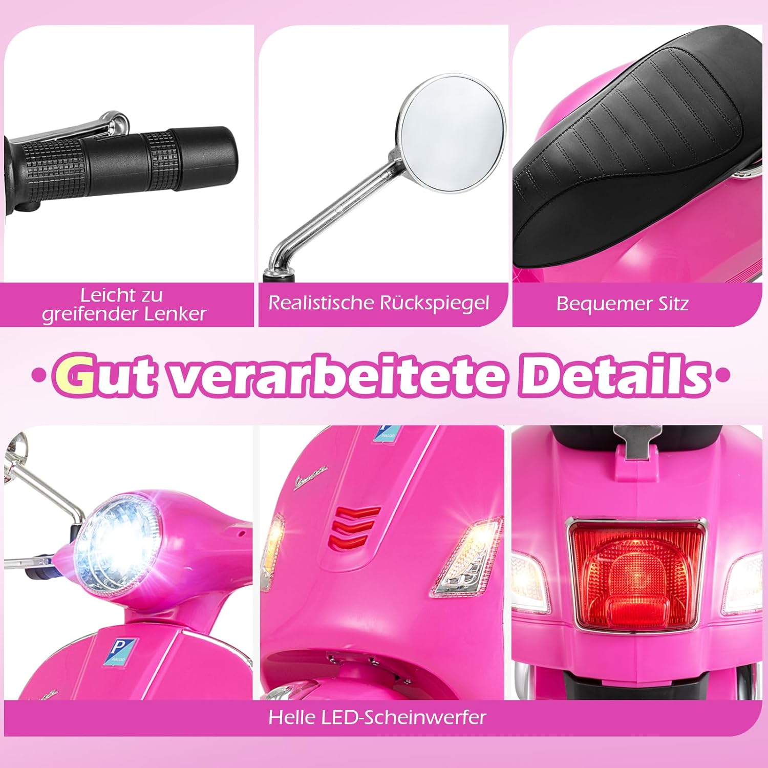 COSTWAY Children's Motorcycle, Electric, Vespa 12 V Motorcycle with LED Headlight and Horn, 2-3 km/h Electric Children's Motorcycle with Stabilisers, Electric Vehicle for Boys and Girls from 3-6 Years (Pink) – Bild 7