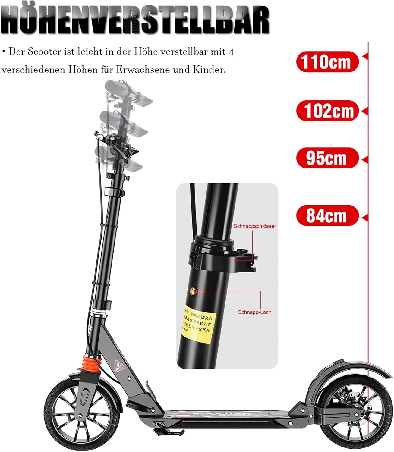 Bueuwe Big Wheel Scooter Adult 150 kg Load Capacity, City Scooter for Adults, Scooter Children 10 Years, City Scooter with Handbrake and Shock Absorber, 4 Height Adjustable, Black – Bild 3